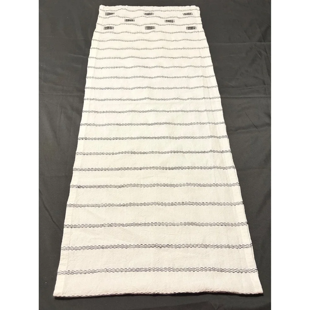 Farmhouse Table Runner White Black Striped Embroidered Boho Rustic Decor 70x14